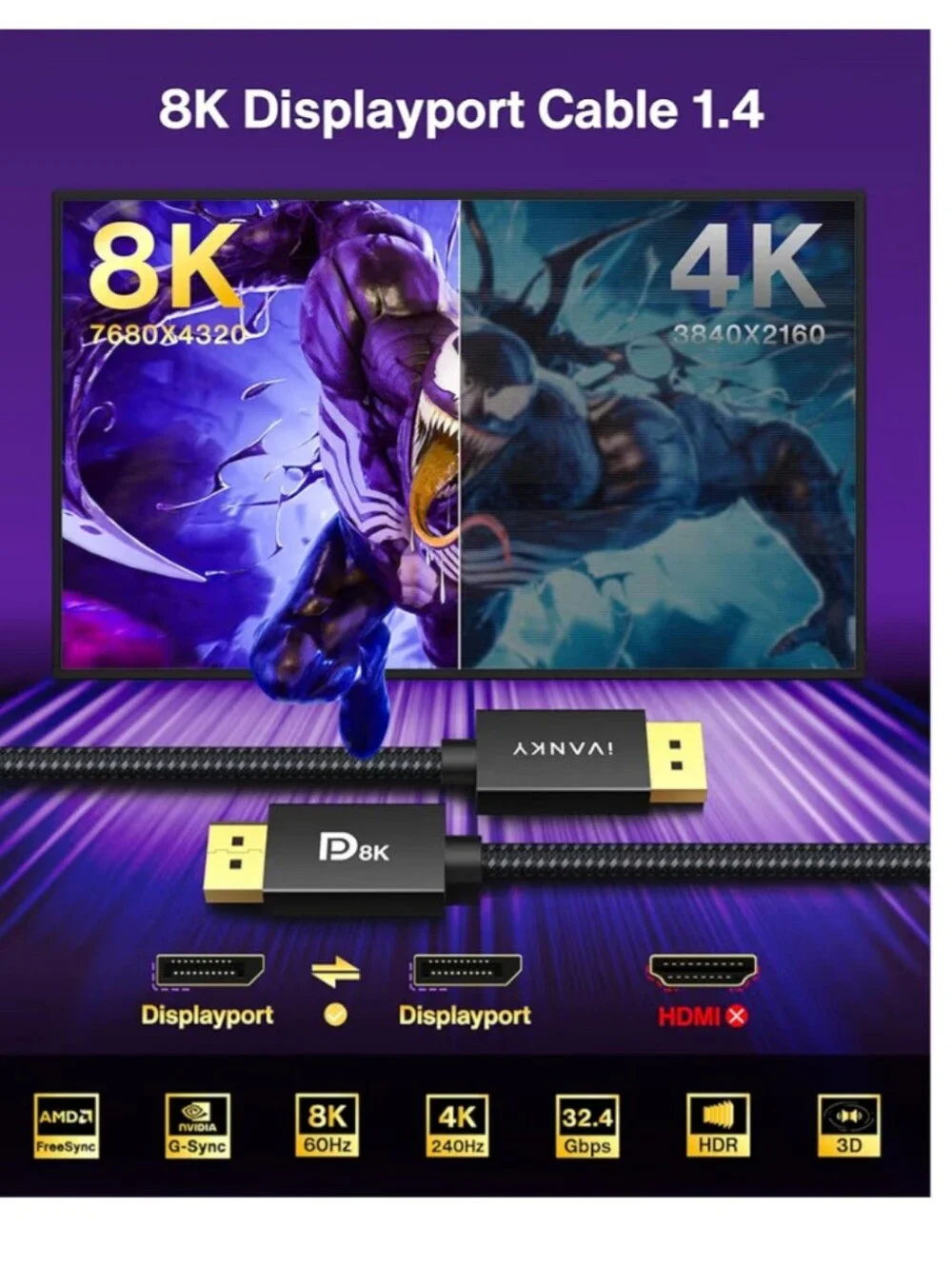 8K DisplayPort Braided Cable with Gold-Plated Connectors - Black 🆕